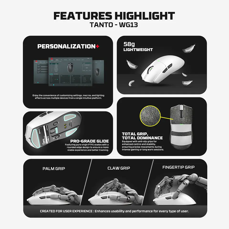 WG13 TANTO White Pro Gaming Mouse Inalámbrico 26.000 DPI con dock de carga RGB 13