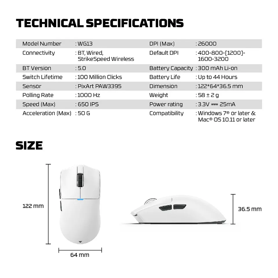 WG13 TANTO White Pro Gaming Mouse Inalámbrico 26.000 DPI con dock de carga RGB 24