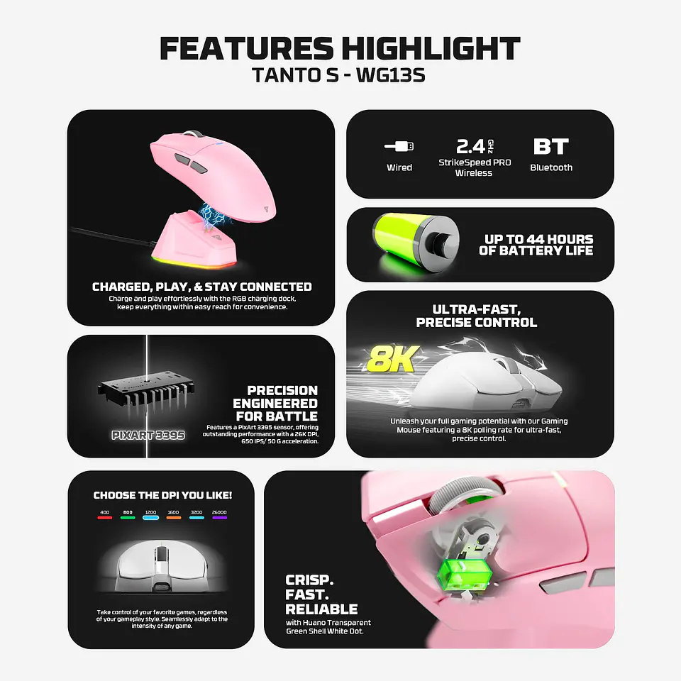 WG13s TANTO S Black Ultimate Gaming Mouse Inalámbrico 26.000 DPI y 8.000 Hz con dock de carga RGB 19