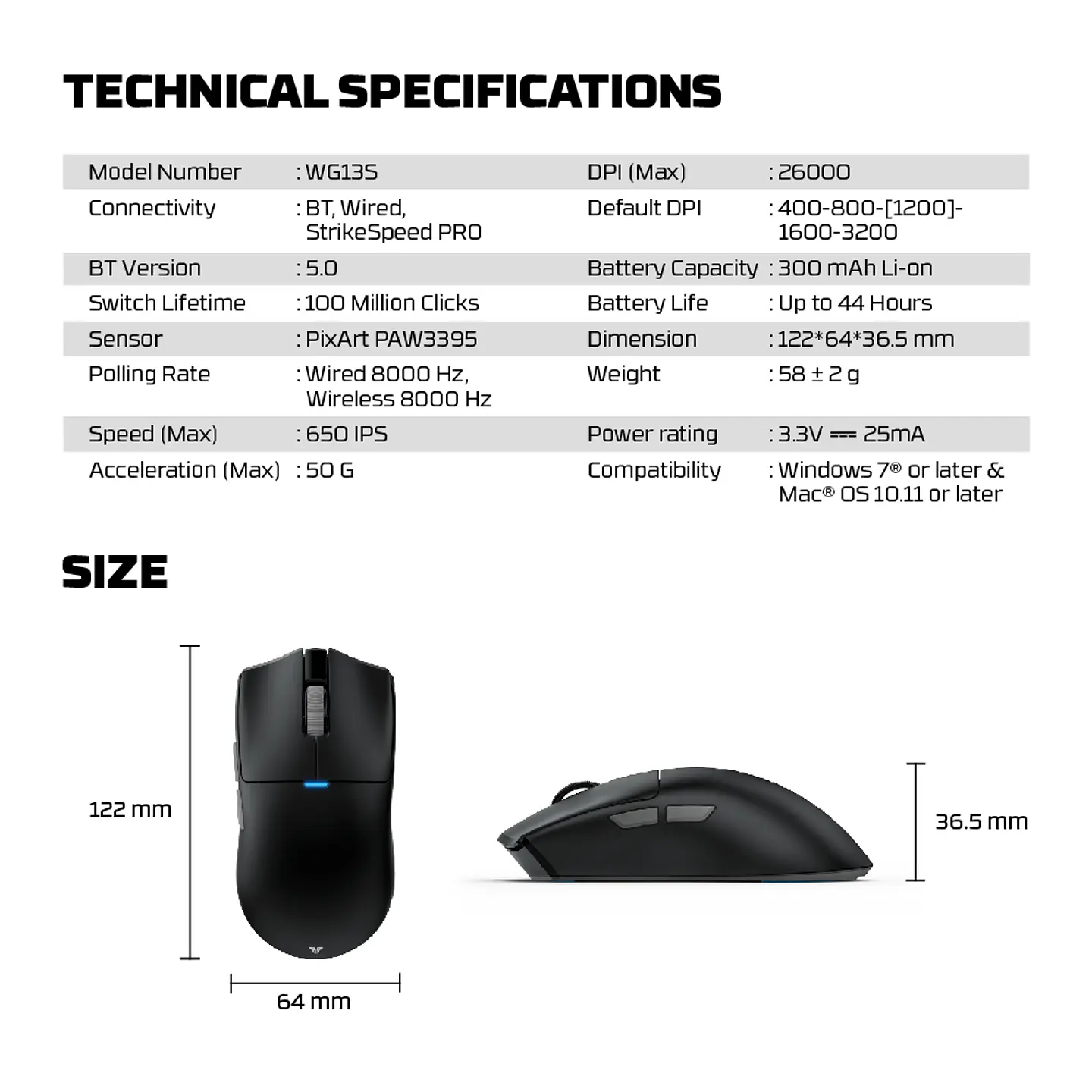 WG13s TANTO S Black Ultimate Gaming Mouse Inalámbrico 26.000 DPI y 8.000 Hz con dock de carga RGB 20