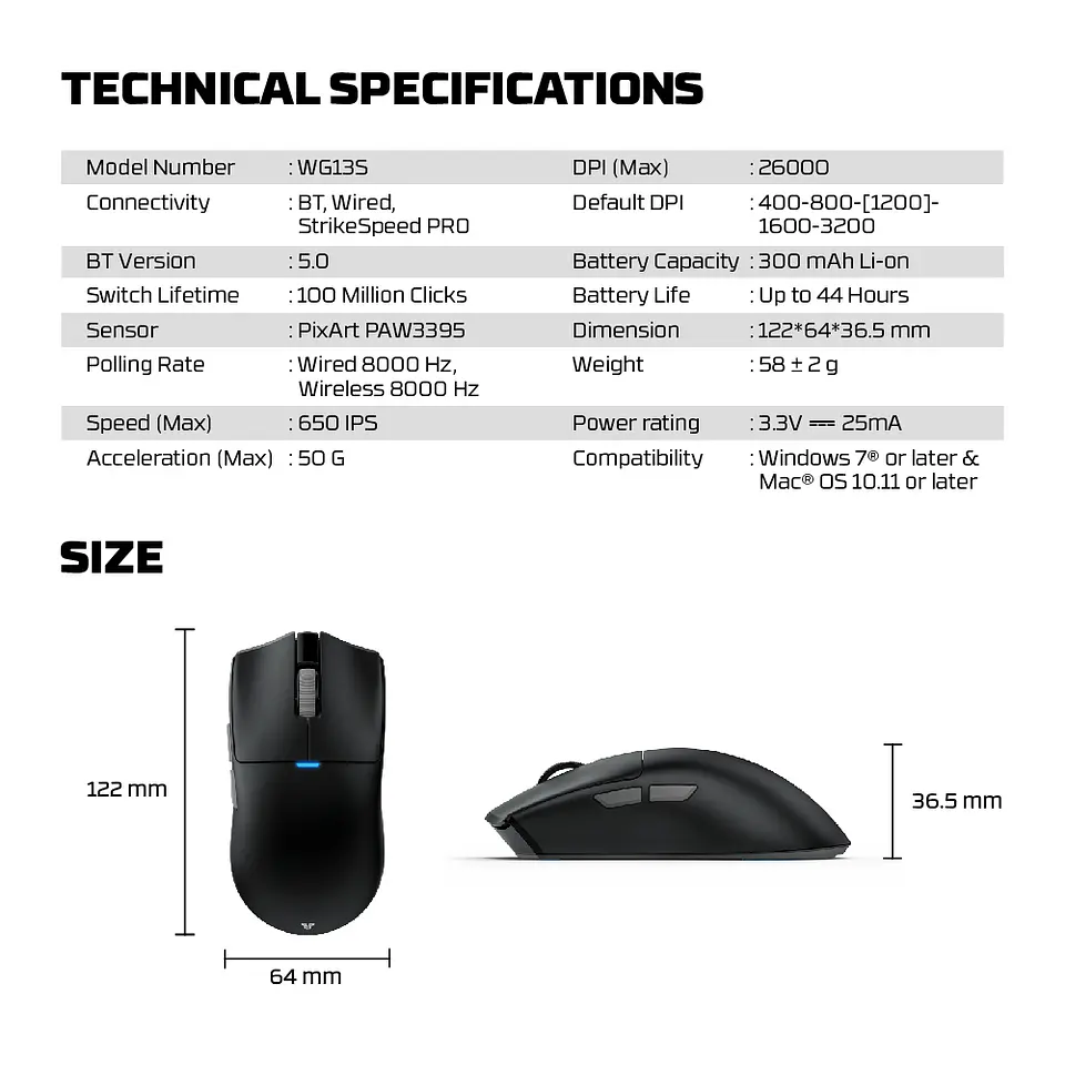 WG13s TANTO S Black Ultimate Gaming Mouse Inalámbrico 26.000 DPI y 8.000 Hz con dock de carga RGB 20