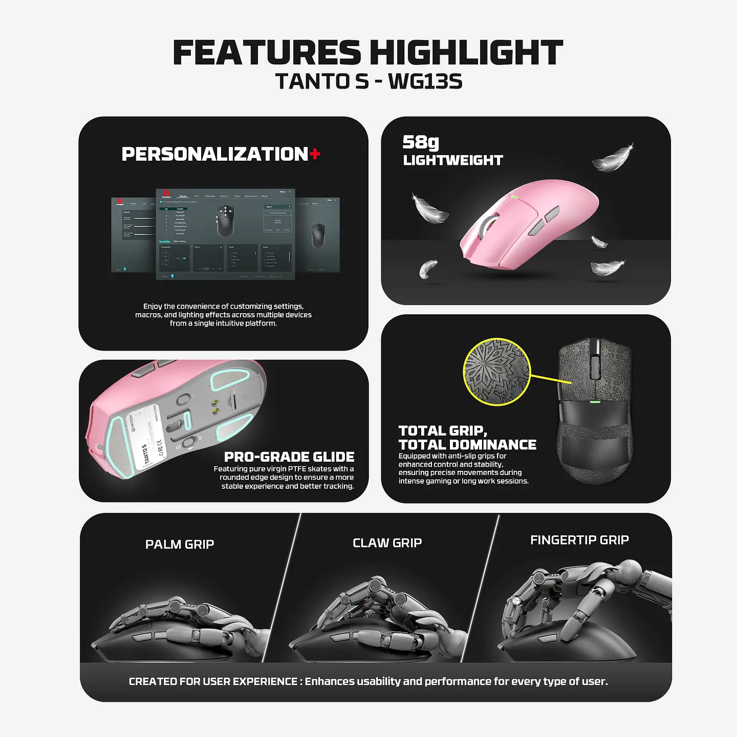 WG13s TANTO S Black Ultimate Gaming Mouse Inalámbrico 26.000 DPI y 8.000 Hz con dock de carga RGB 22