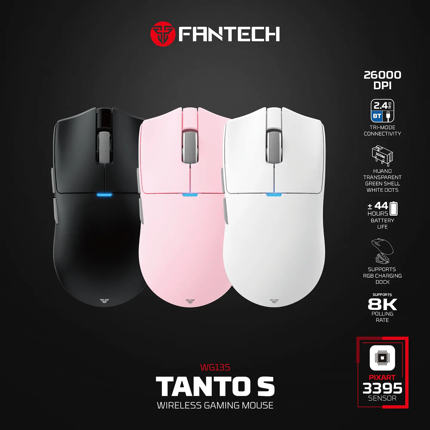WG13s TANTO S Pink Ultimate Gaming Mouse Inalámbrico 26.000 DPI y 8.000 Hz con dock de carga RGB 28