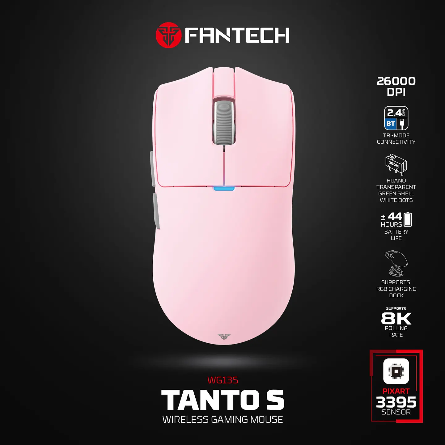 WG13s TANTO S Pink Ultimate Gaming Mouse Inalámbrico 26.000 DPI y 8.000 Hz con dock de carga RGB 27