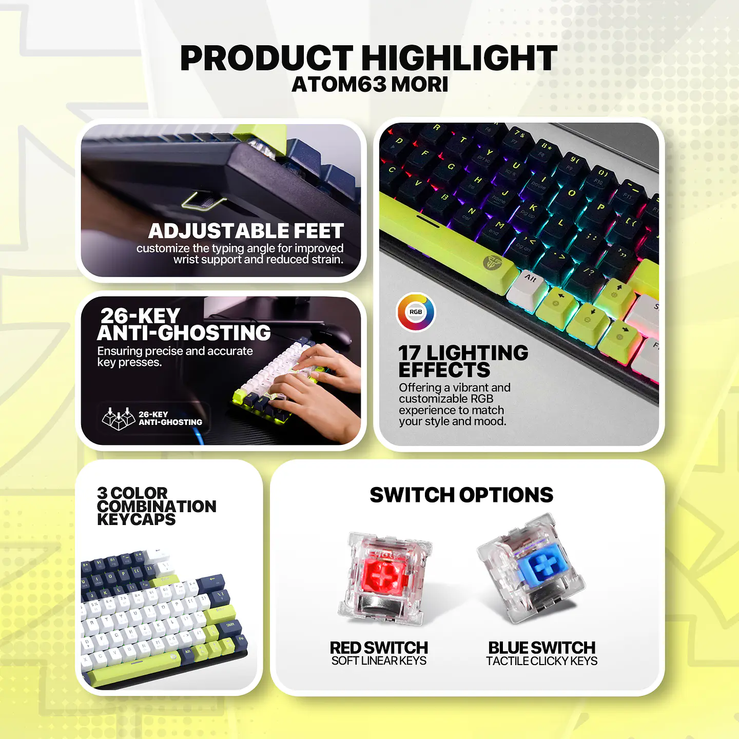 MK874V2 ATOM63 Mori White Teclado Mecánico 60% Hot-Swappable Layout USA 16