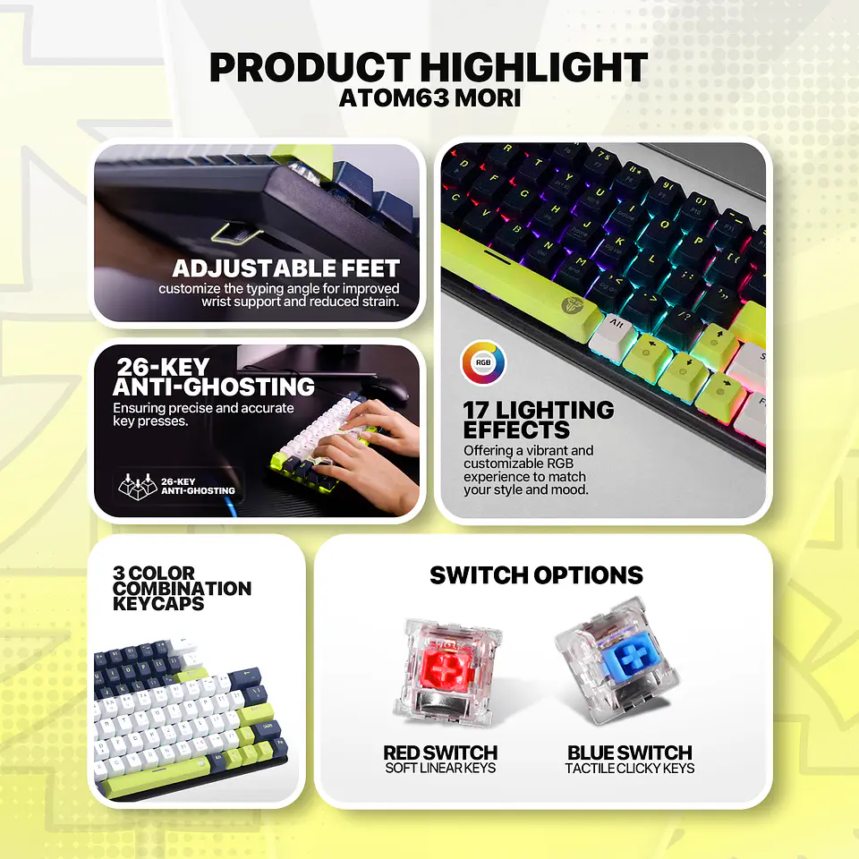 MK874V2 ATOM63 Mori White Teclado Mecánico 60% Hot-Swappable Layout USA 16