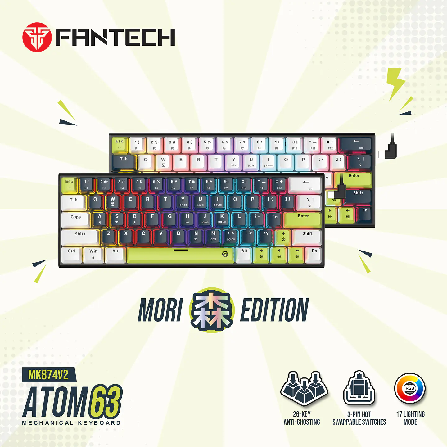 MK874V2 ATOM63 Mori White Teclado Mecánico 60% Hot-Swappable Layout USA 23