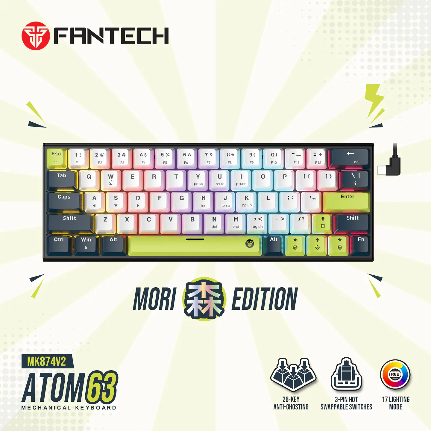 MK874V2 ATOM63 Mori White Teclado Mecánico 60% Hot-Swappable Layout USA 24
