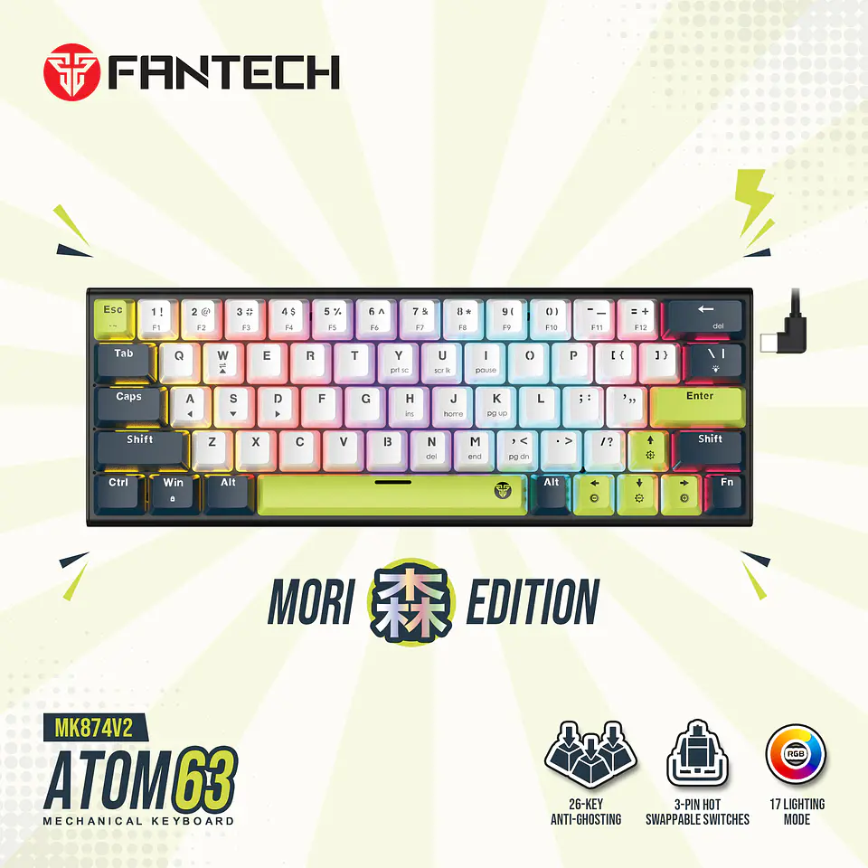 MK874V2 ATOM63 Mori White Teclado Mecánico 60% Hot-Swappable Layout USA 24