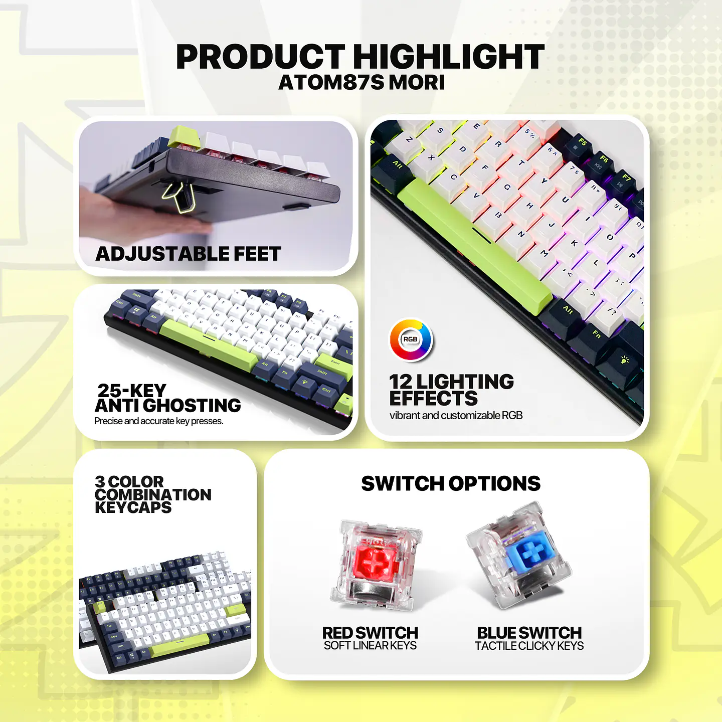 MK877s ATOM87s Mori White Teclado mecánico 80% Hot-Swappable Layout USA 10