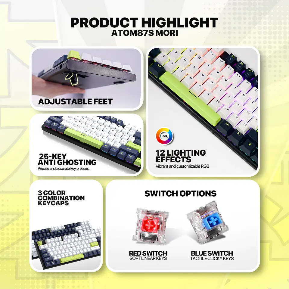 MK877s ATOM87s Mori White Teclado mecánico 80% Hot-Swappable Layout USA 10