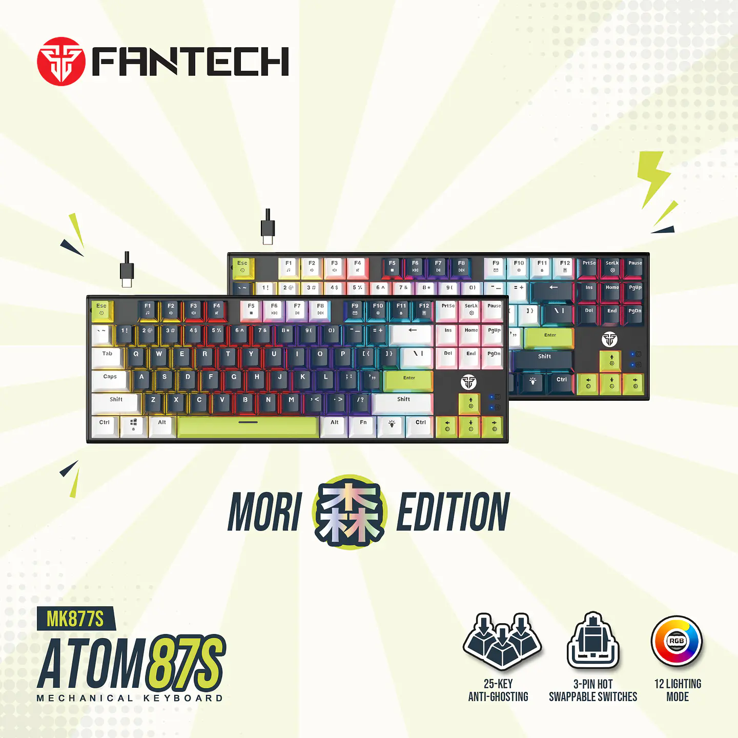 MK877s ATOM87s Mori White Teclado mecánico 80% Hot-Swappable Layout USA 18