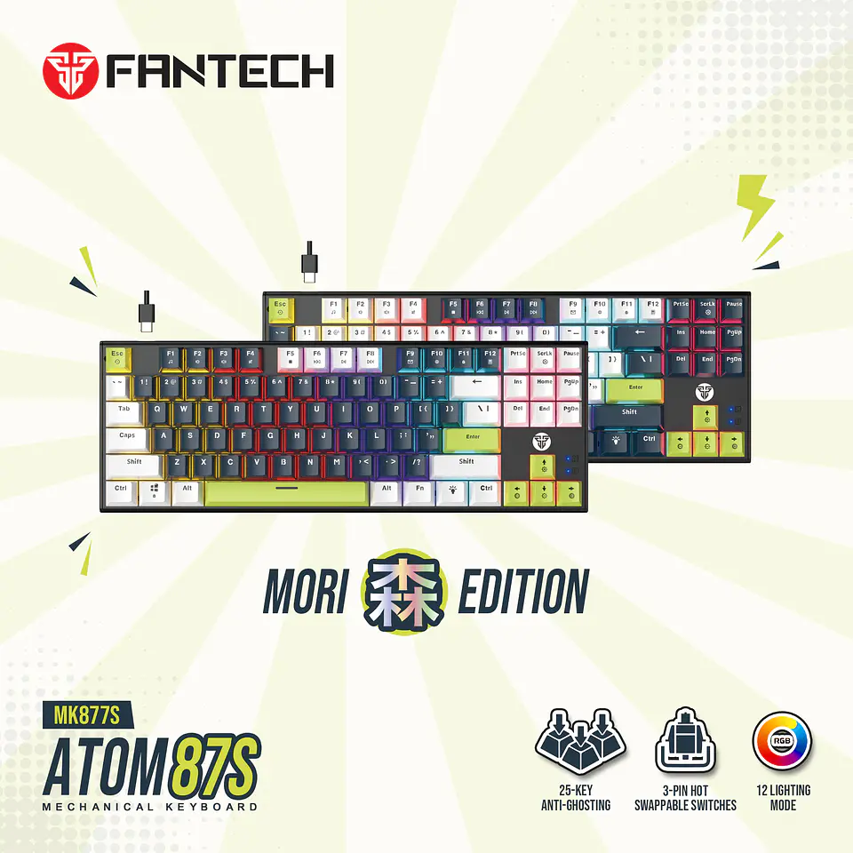 MK877s ATOM87s Mori White Teclado mecánico 80% Hot-Swappable Layout USA 18
