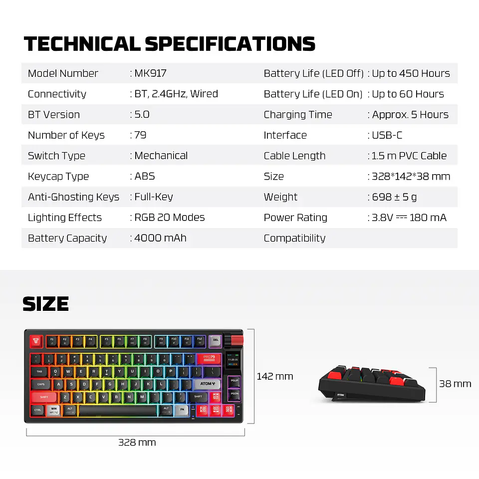 MK917 ATOM PRO79 White Teclado Mecánico Inalámbrico con Pantalla 17