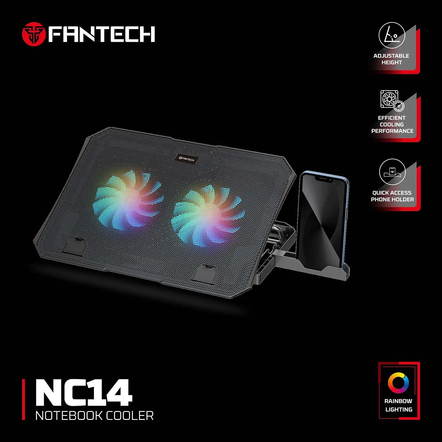 NC14 Black Base de Notebook con Ventilación RGB y Soporte de Teléfono 9