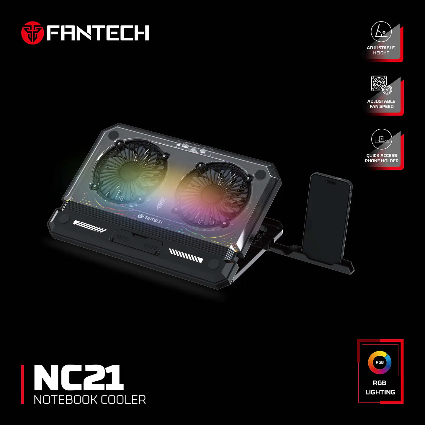 NC21 Black Base de Notebook con Ventilación RGB y soporte de teléfono 13