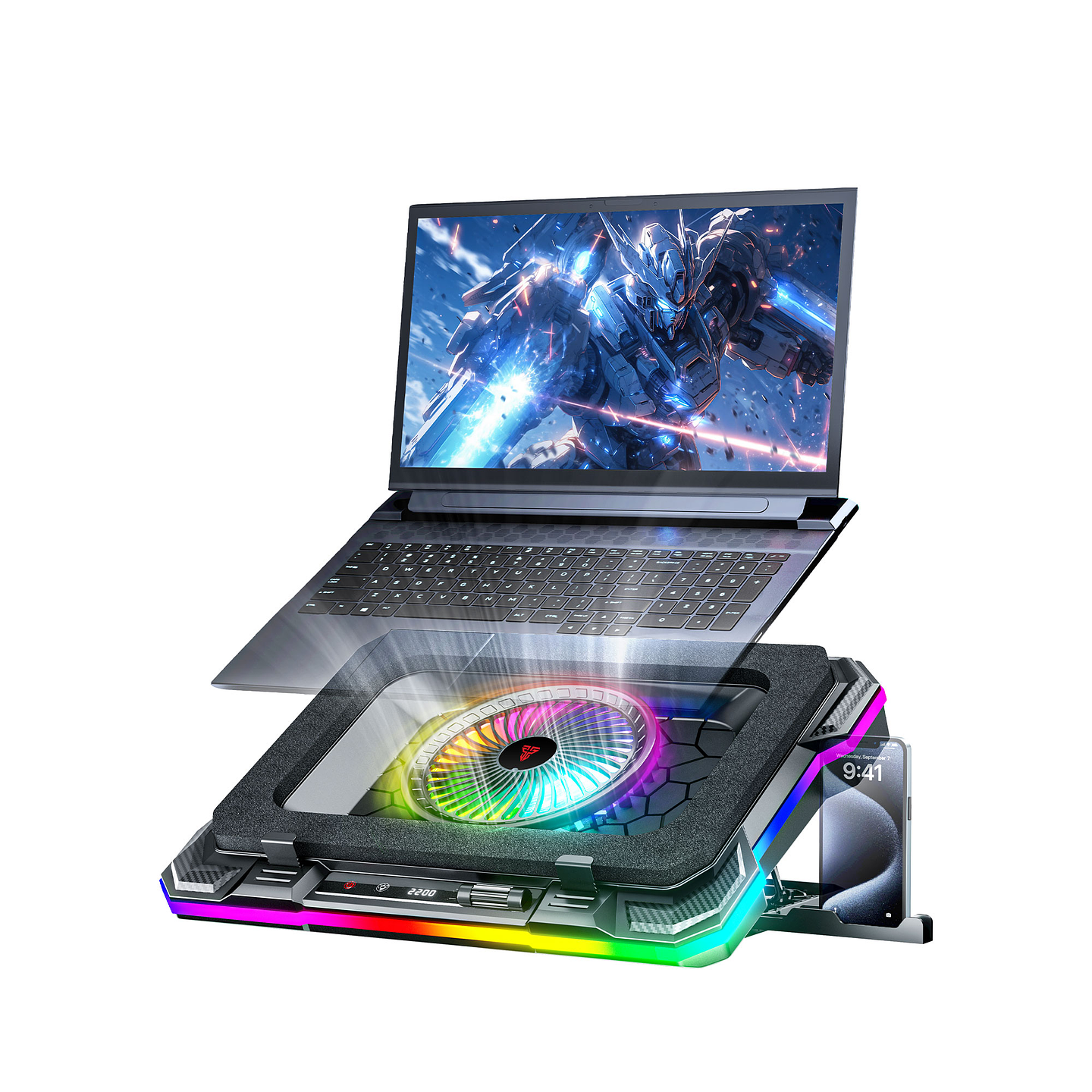 NC22 Black Base de Notebook con Ventilación RGB y Soporte de Teléfono 4