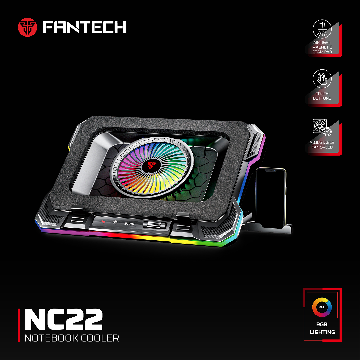 NC22 Black Base de Notebook con Ventilación RGB y Soporte de Teléfono 19