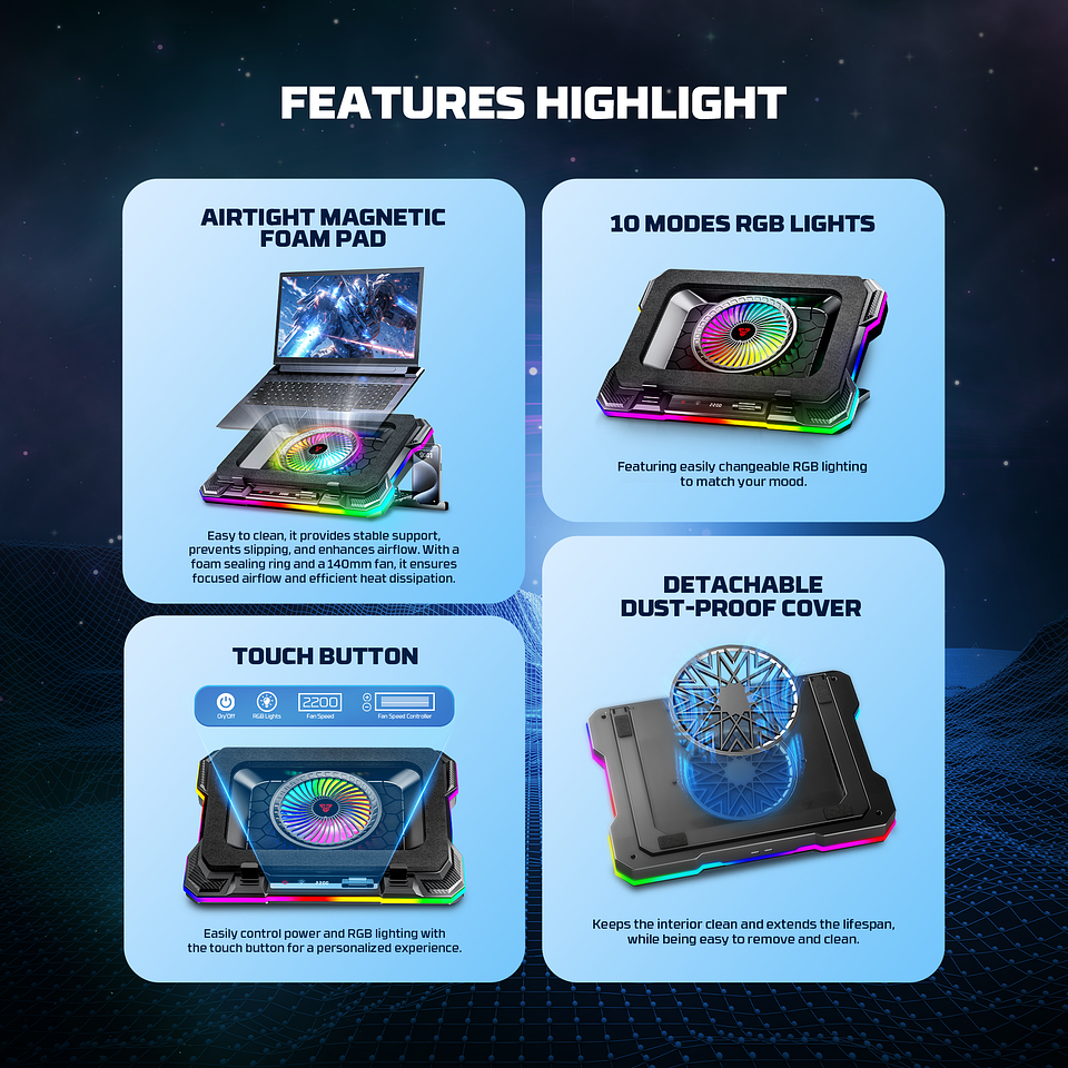 NC22 Black Base de Notebook con Ventilación RGB y Soporte de Teléfono 16