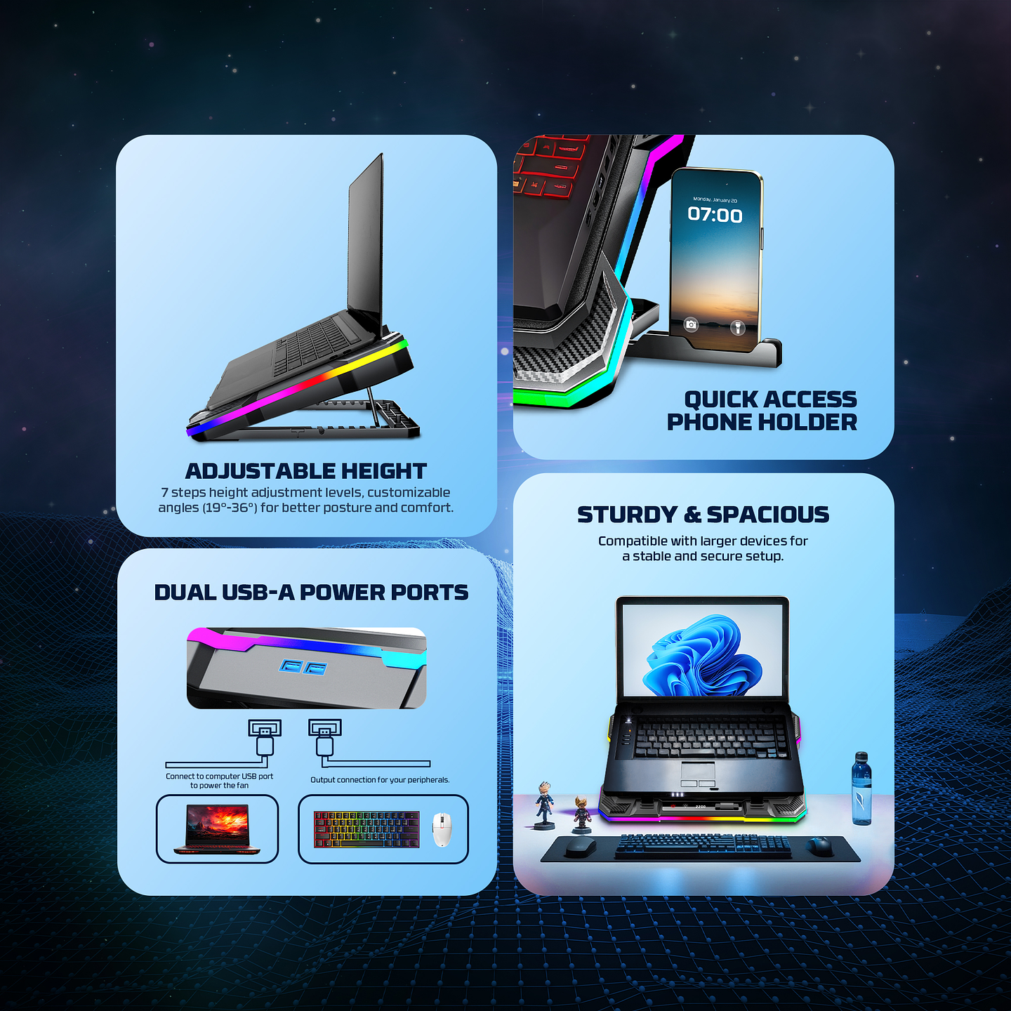 NC22 Black Base de Notebook con Ventilación RGB y Soporte de Teléfono 15