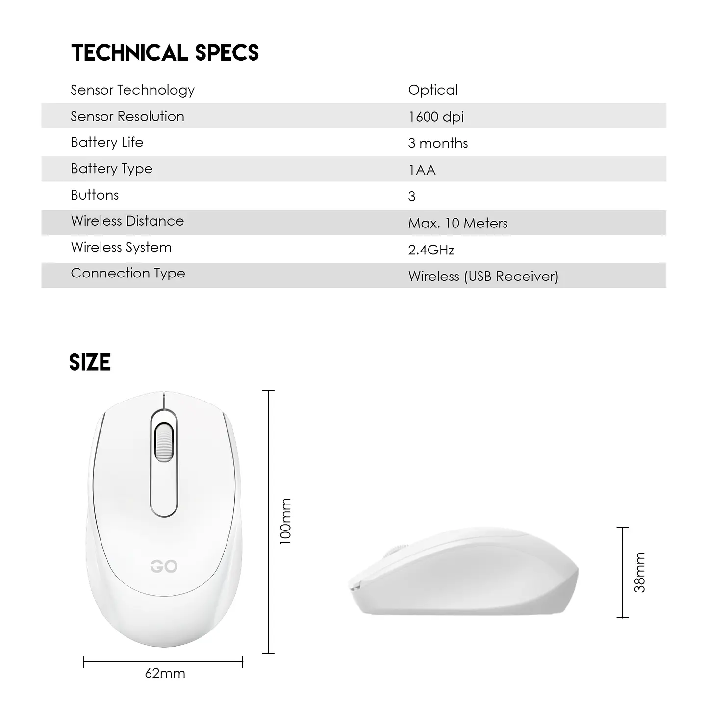 W603 GO Black Mouse inalámbrico de oficina 1.600 DPI 8