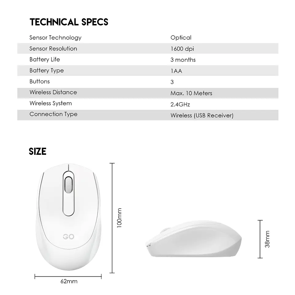 W603 GO Black Mouse inalámbrico de oficina 1.600 DPI 8