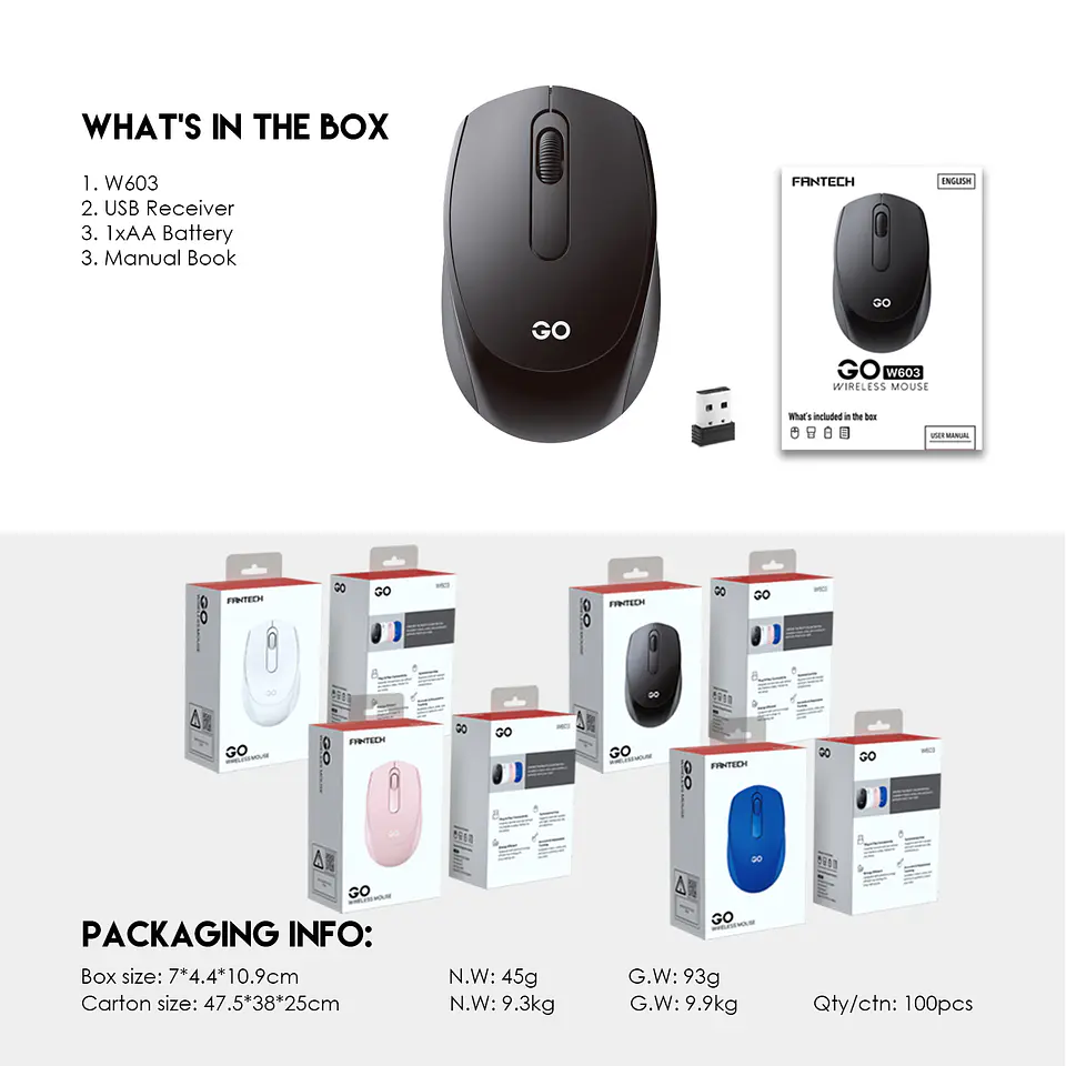 W603 GO Black Mouse inalámbrico de oficina 1.600 DPI 9