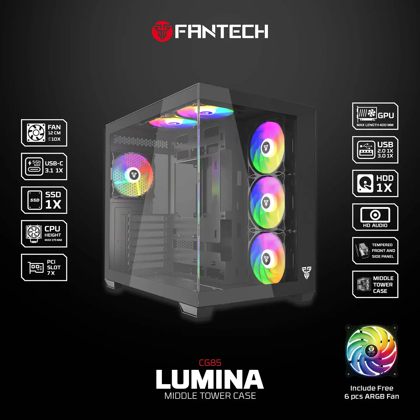 CG85 LUMINA Black Gabinete Pecera con 6 Ventiladores aRGB 15