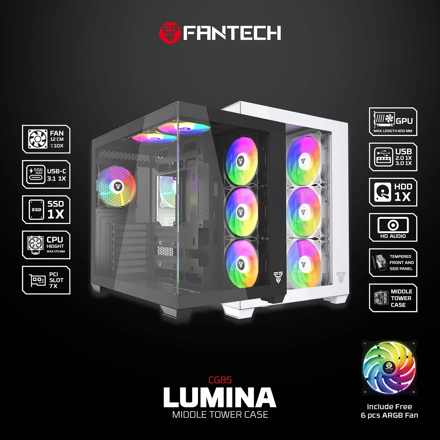 CG85 LUMINA White Gabinete Pecera con 6 Ventiladores aRGB 16