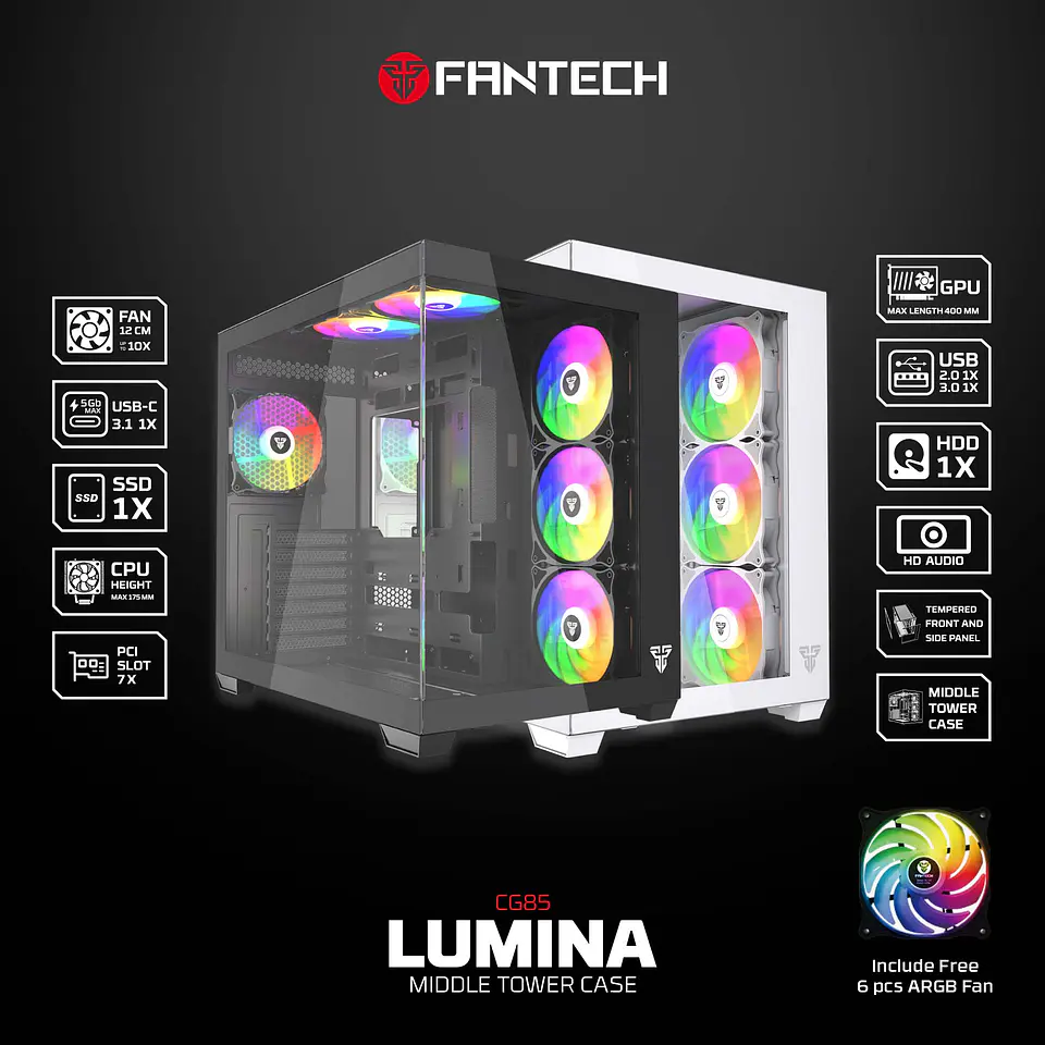 CG85 LUMINA White Gabinete Pecera con 6 Ventiladores aRGB 16