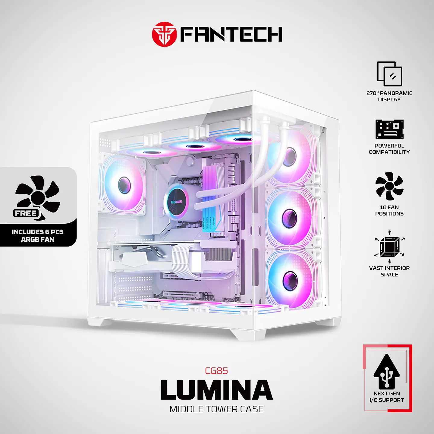 CG85 LUMINA White Gabinete Pecera con 6 Ventiladores aRGB 17