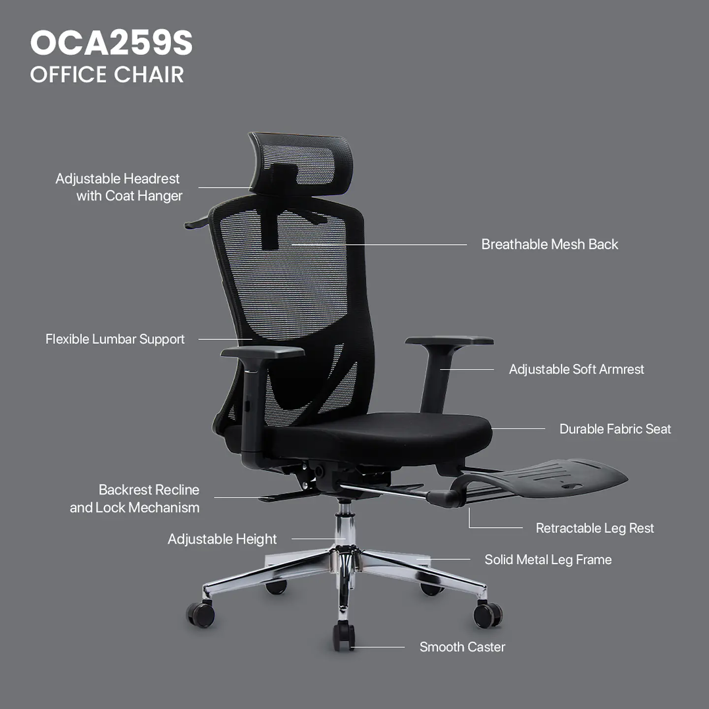 OCA259s Grey Silla ergonómica Oficina de Malla con Reposapiés 18