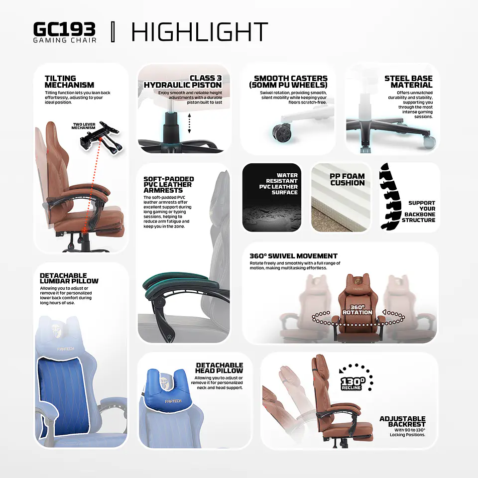 GC193 BROWN Silla Gamer Ergonómica de Ecocuero con Reposapiés 12