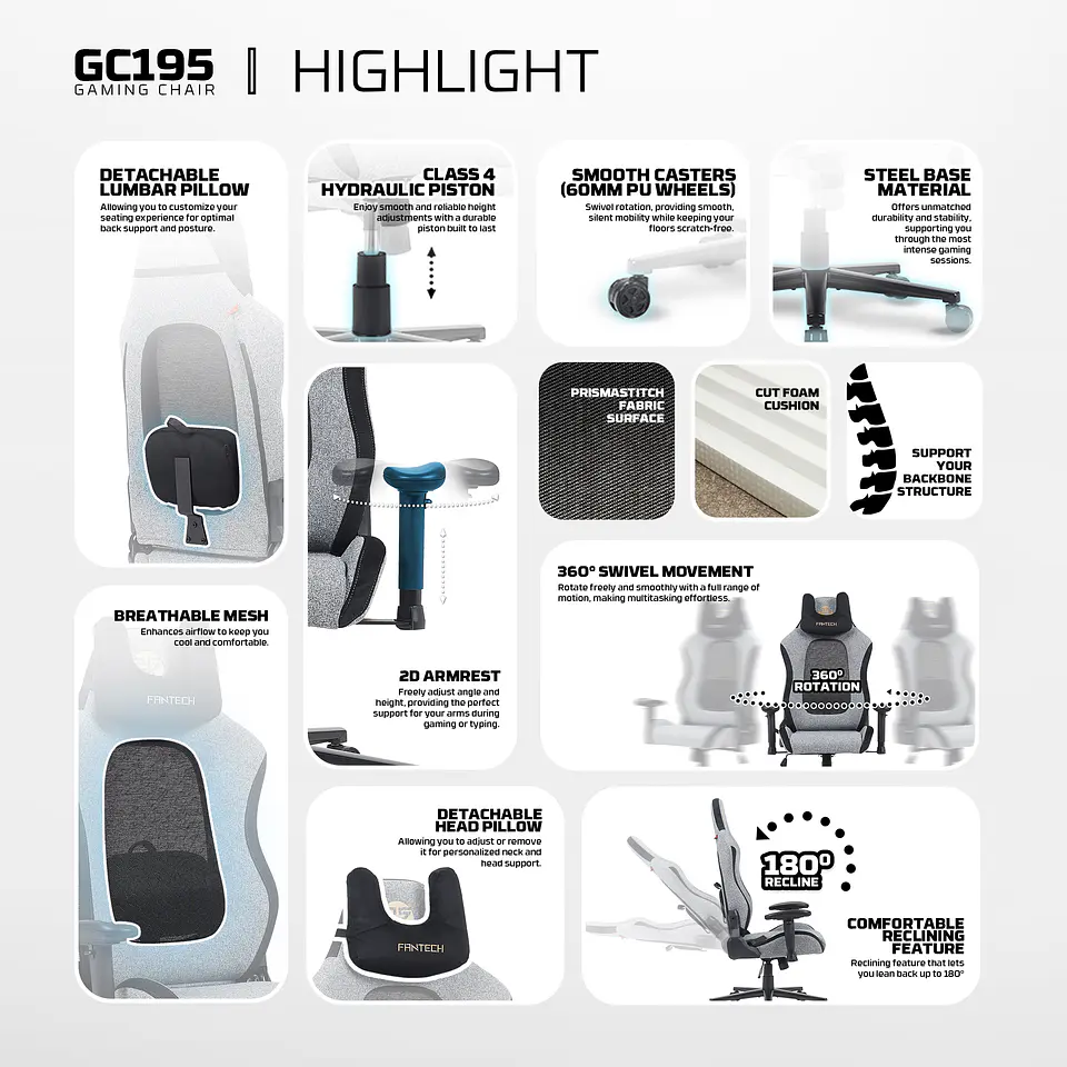 GC195 Grey Silla Ergonómica de Tela Respirable 12