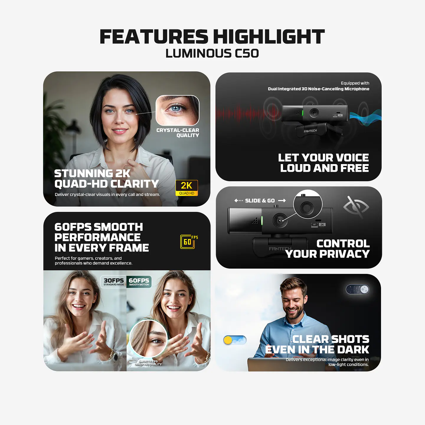 C50 LUMINOUS Black Webcam 2K Cámara Web Quad HD 60 FPS 16
