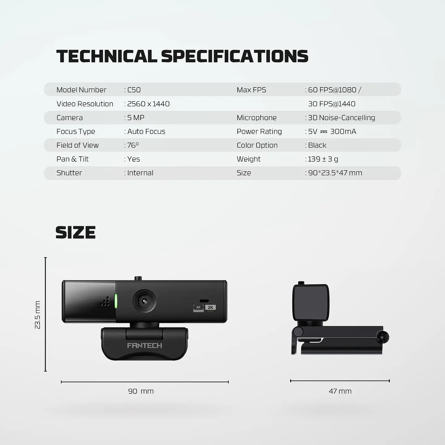 C50 LUMINOUS Black Webcam 2K Cámara Web Quad HD 60 FPS 22