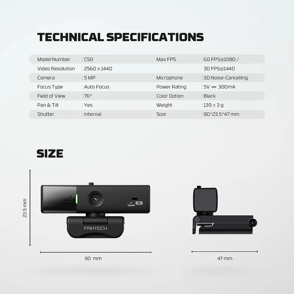 C50 LUMINOUS Black Webcam 2K Cámara Web Quad HD 60 FPS 22