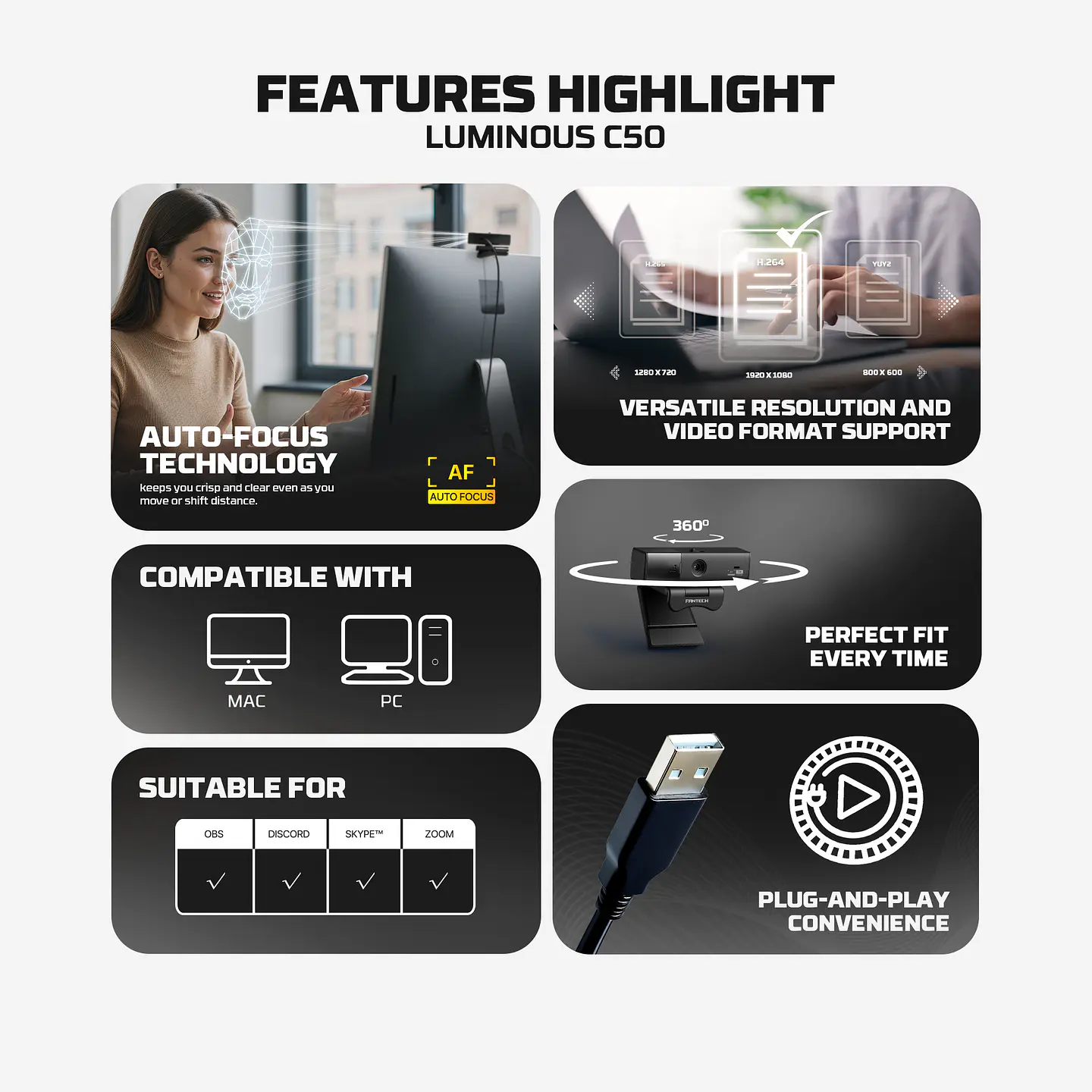 C50 LUMINOUS Black Webcam 2K Cámara Web Quad HD 60 FPS 19