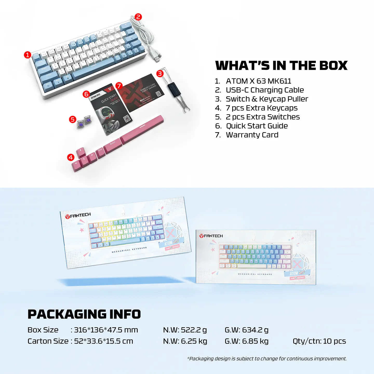 MK611 ATOM X63 Ame White Teclado Mecánico 60% RGB Hot-Swappable Layout USA 23