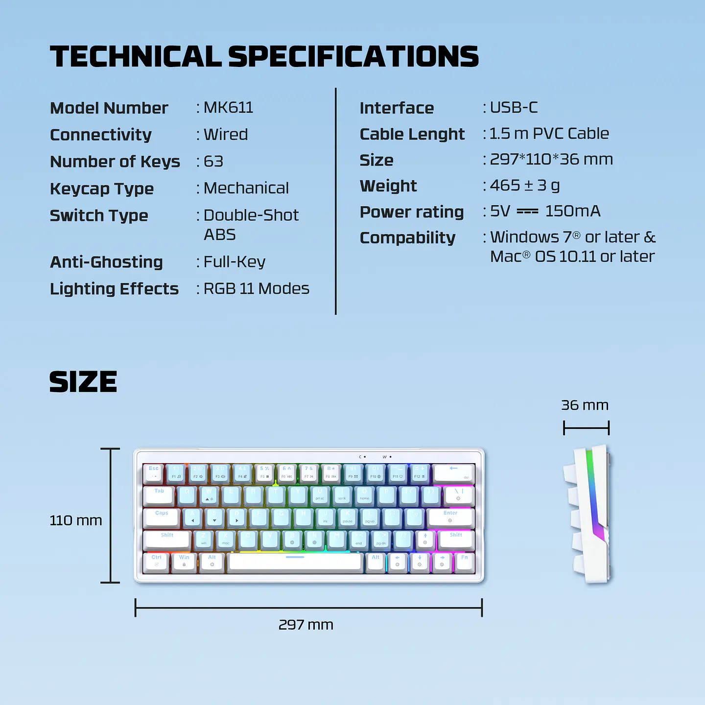 MK611 ATOM X63 Ame Blue Teclado Mecánico 60% RGB Hot-Swappable Layout USA 11