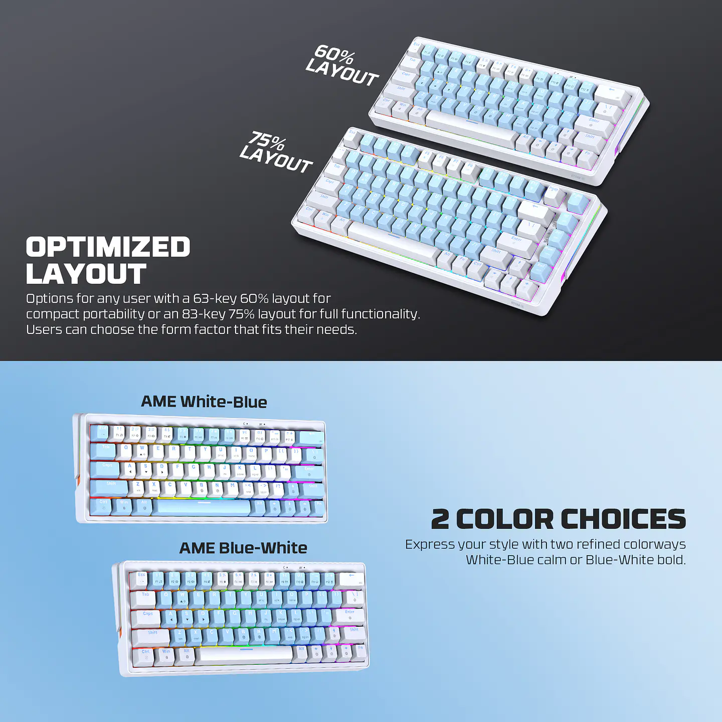 MK611 ATOM X63 Ame Blue Teclado Mecánico 60% RGB Hot-Swappable Layout USA 13
