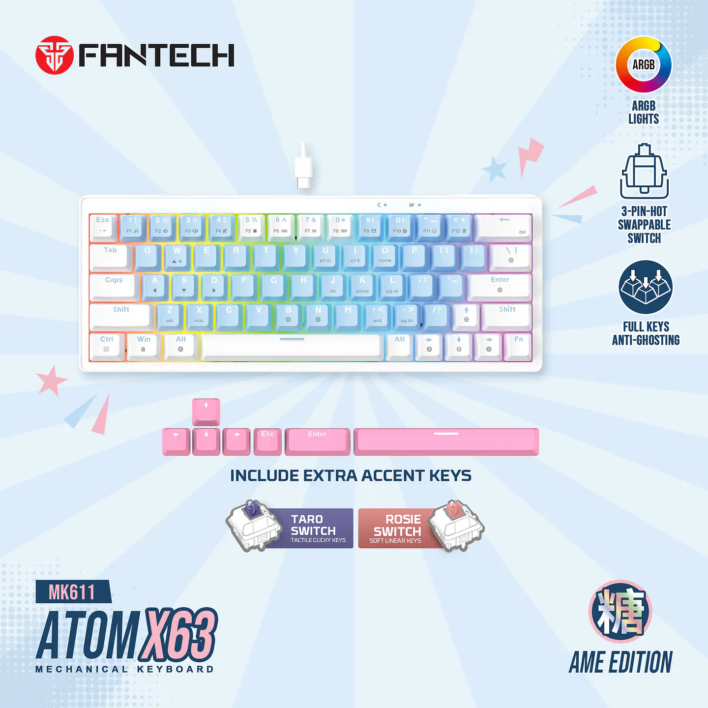 MK611 ATOM X63 Ame Blue Teclado Mecánico 60% RGB Hot-Swappable Layout USA 19