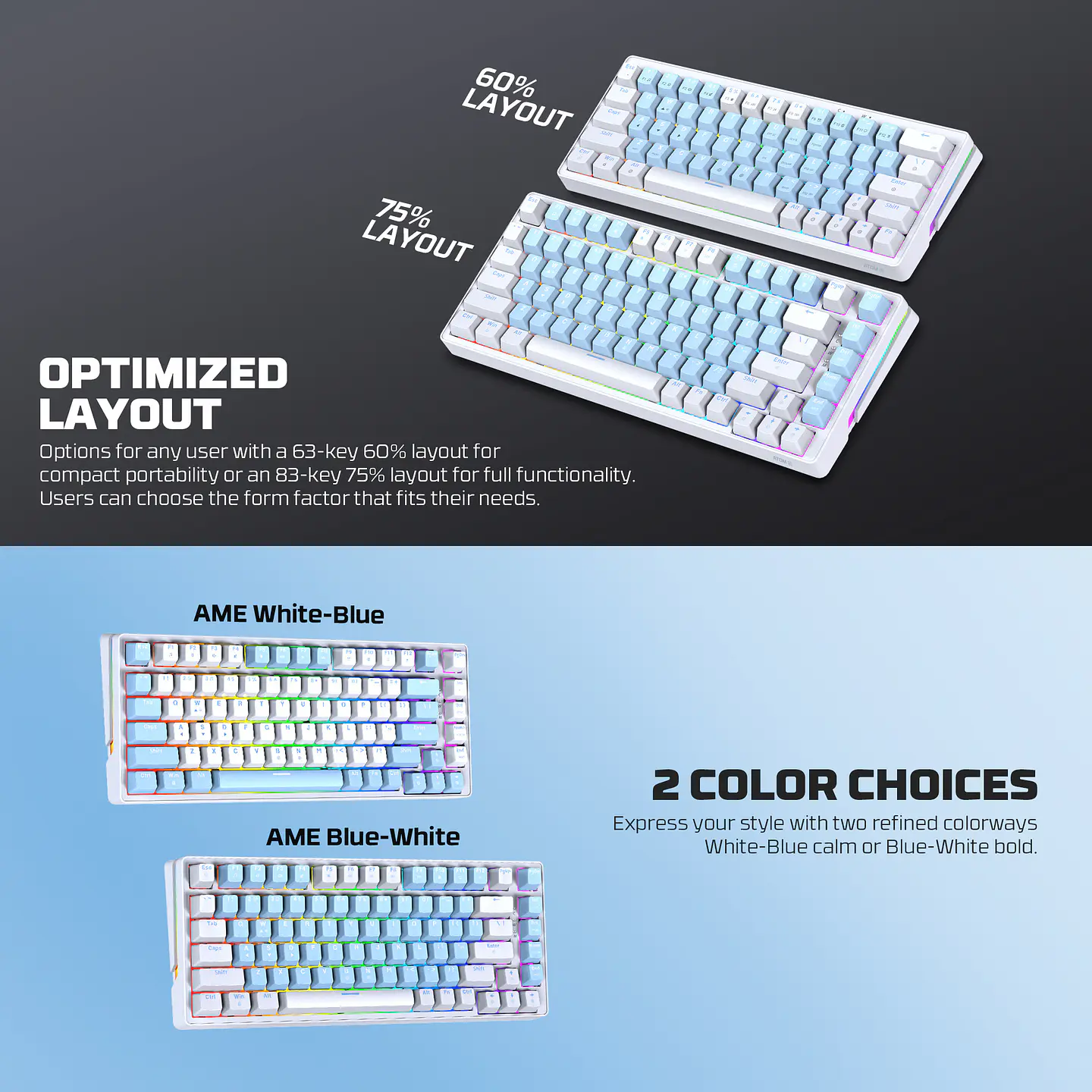 MK612 ATOM X83 Ame White Teclado Mecánico 75% RGB Hot-Swappable Layout USA 4