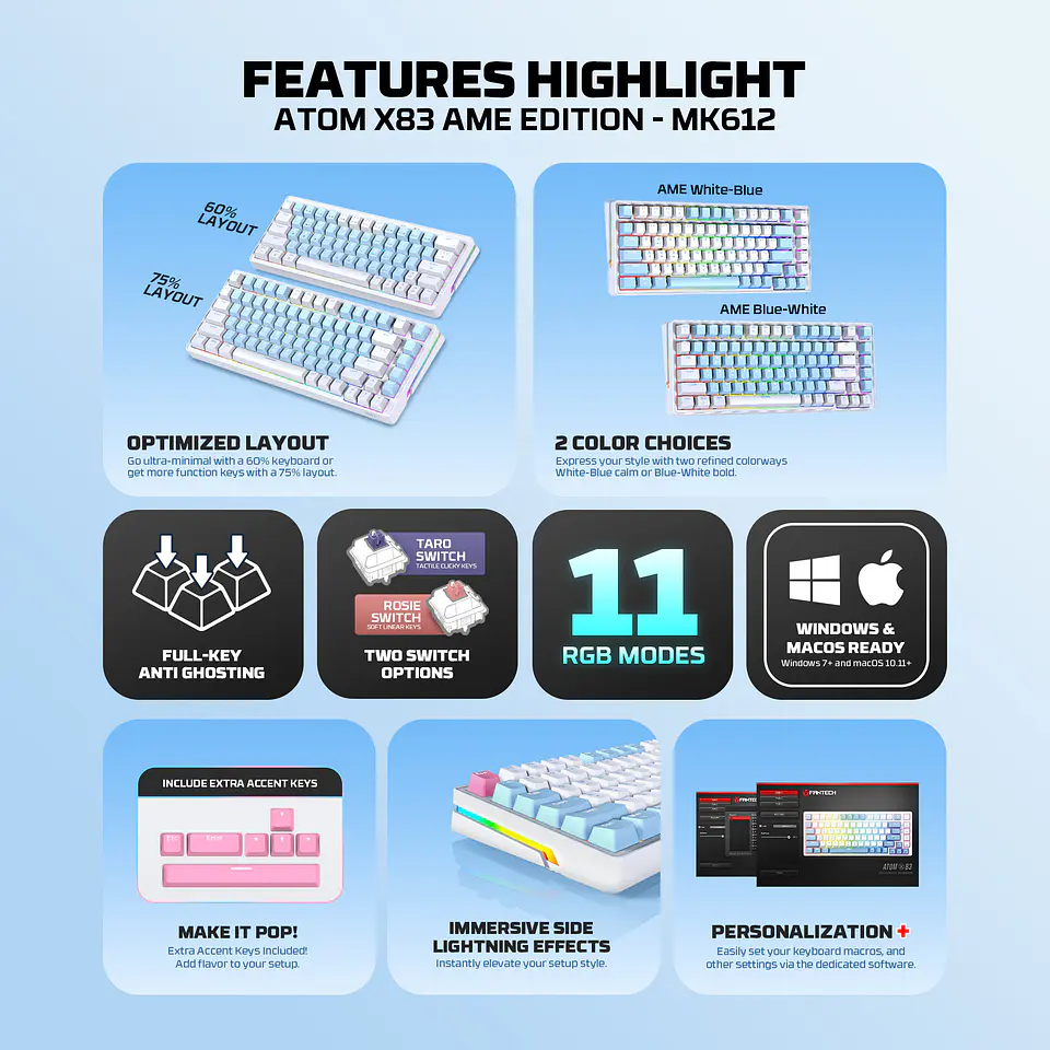 MK612 ATOM X83 Ame White Teclado Mecánico 75% RGB Hot-Swappable Layout USA 11