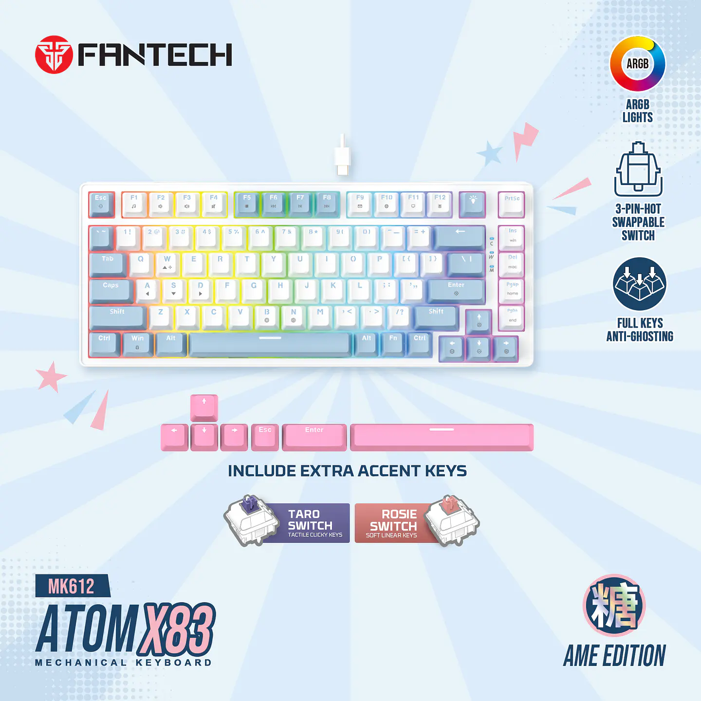 MK612 ATOM X83 Ame White Teclado Mecánico 75% RGB Hot-Swappable Layout USA 15