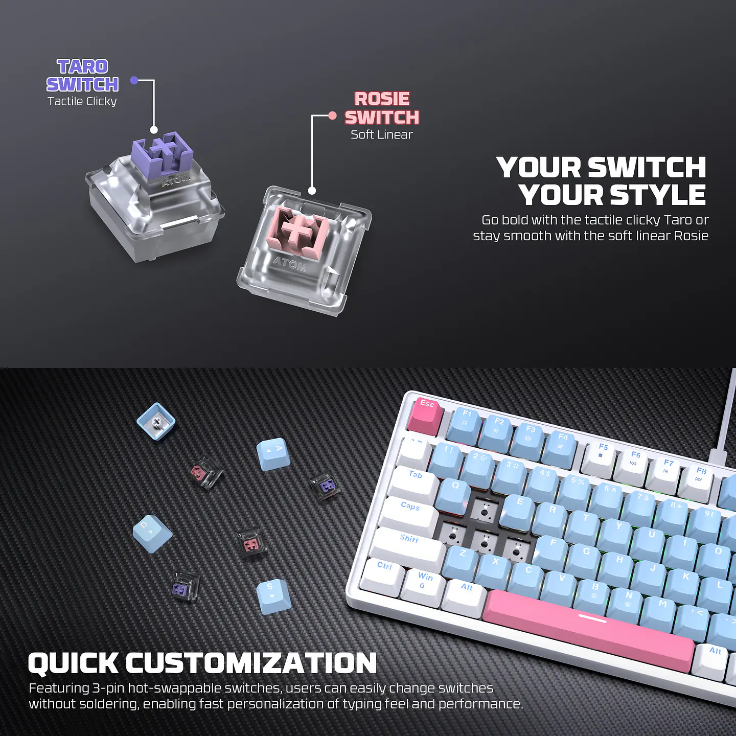 MK612 ATOM X83 Ame Blue Teclado Mecánico 75% RGB Hot-Swappable Layout USA 13