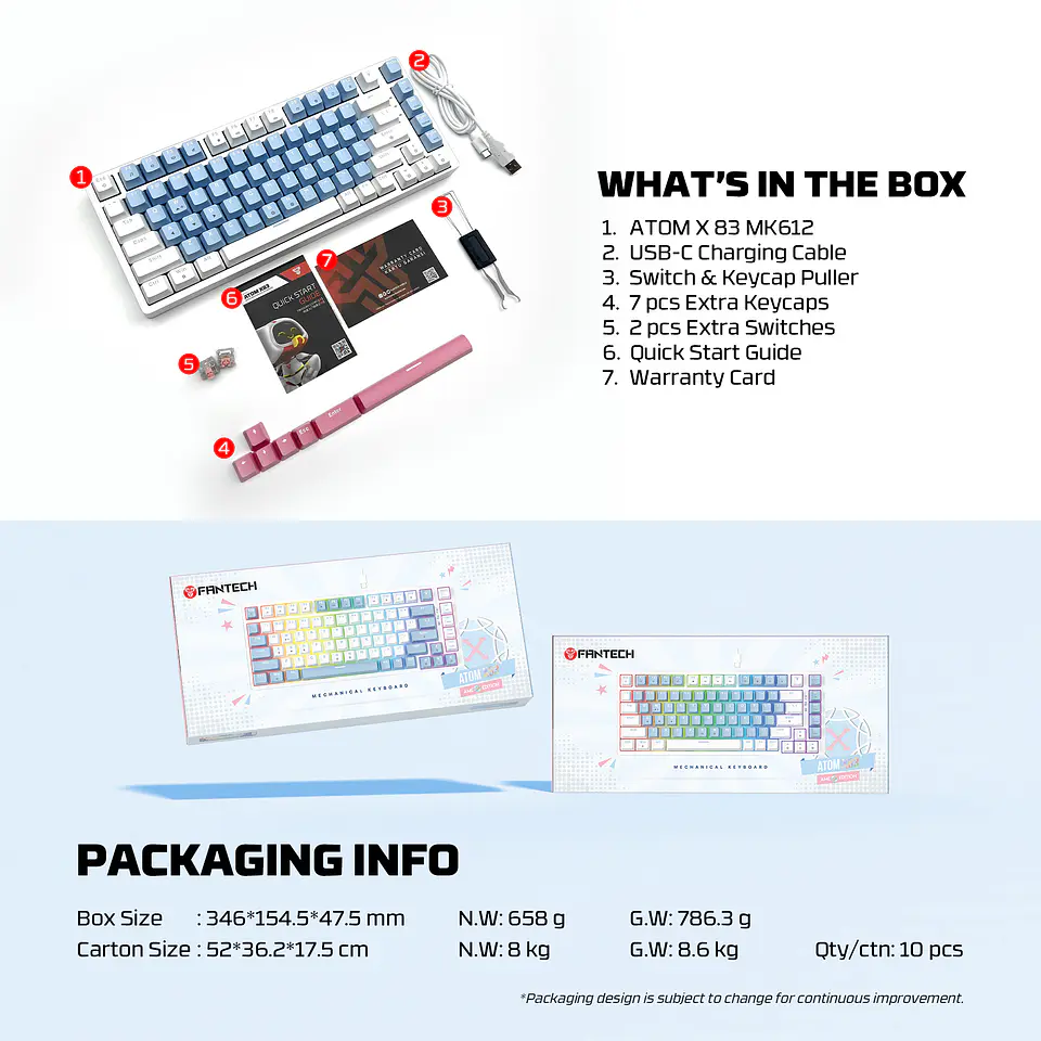 MK612 ATOM X83 Ame Blue Teclado Mecánico 75% RGB Hot-Swappable Layout USA 22