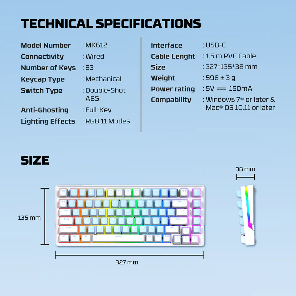 MK612 ATOM X83 Ame Blue Teclado Mecánico 75% RGB Hot-Swappable Layout USA 21