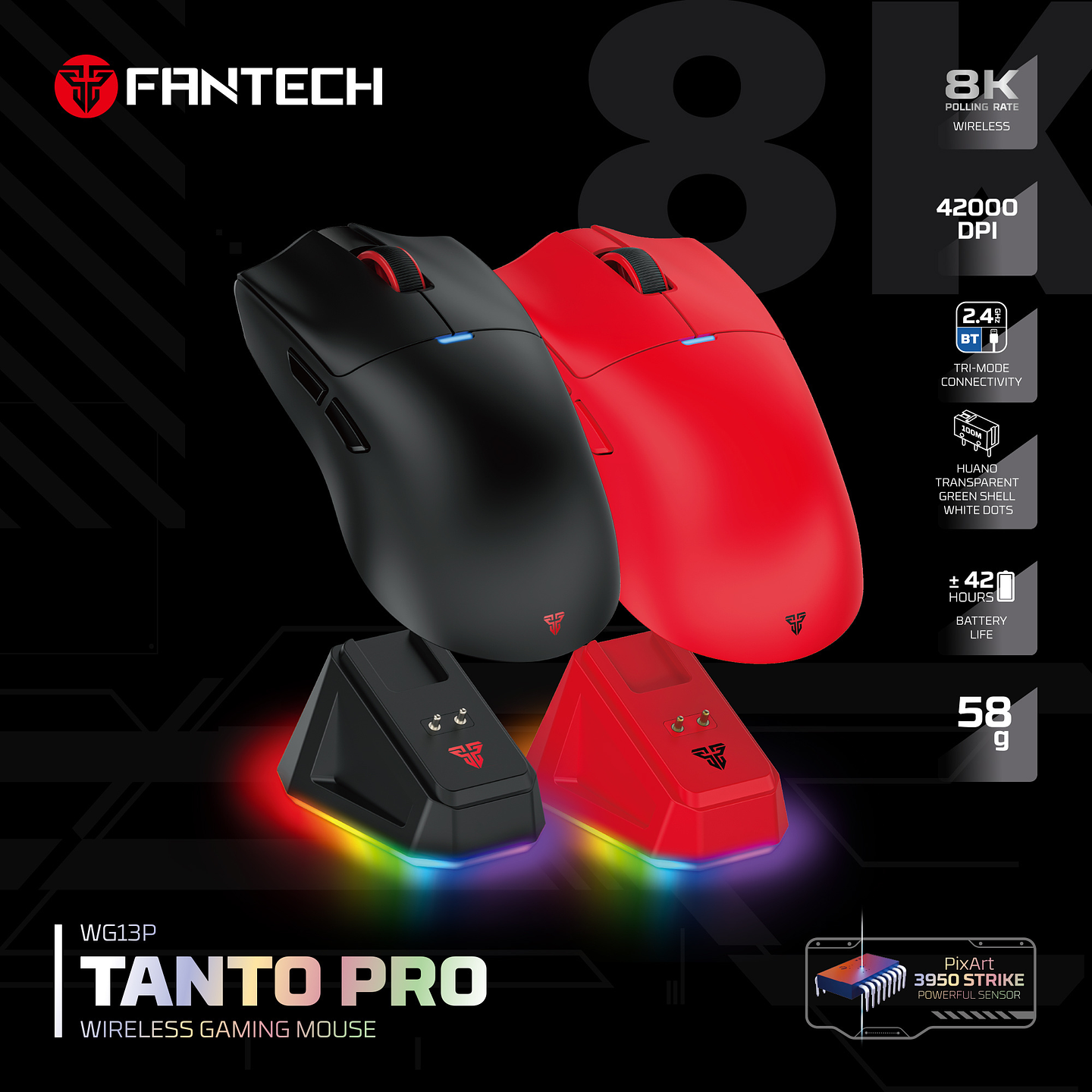 WG13P TANTO PRO Red Ultimate Gaming Mouse Inalámbrico 42.000 DPI y 8.000 Hz 22
