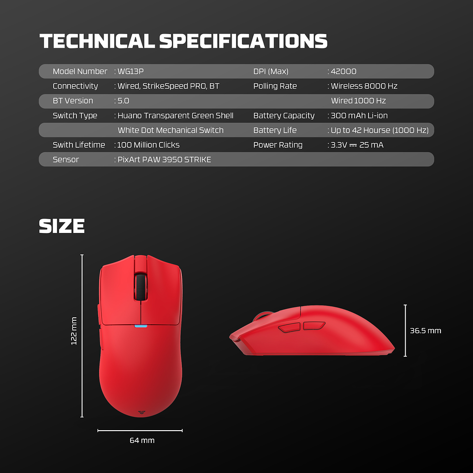 WG13P TANTO PRO Red Ultimate Gaming Mouse Inalámbrico 42.000 DPI y 8.000 Hz 20